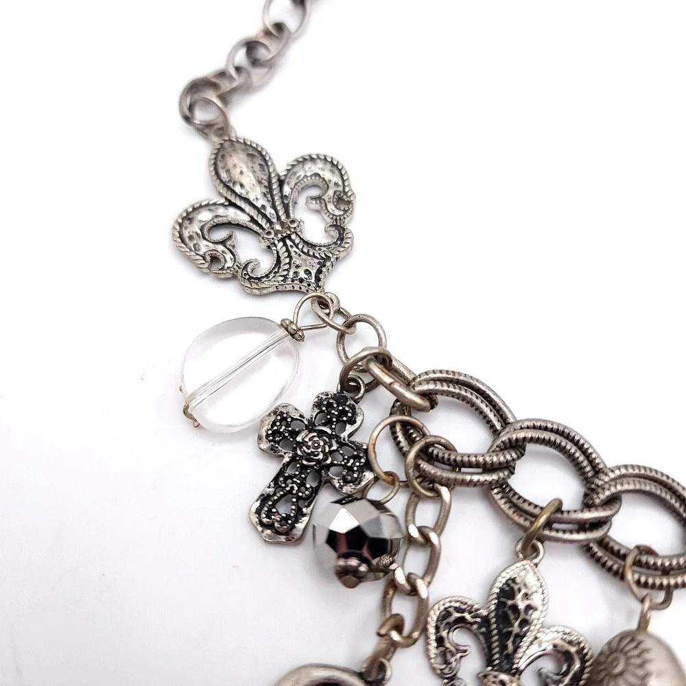 Silver Charm Necklace Cross Rhinestone Fleur De Lis Gothic - Picture 8 of 8